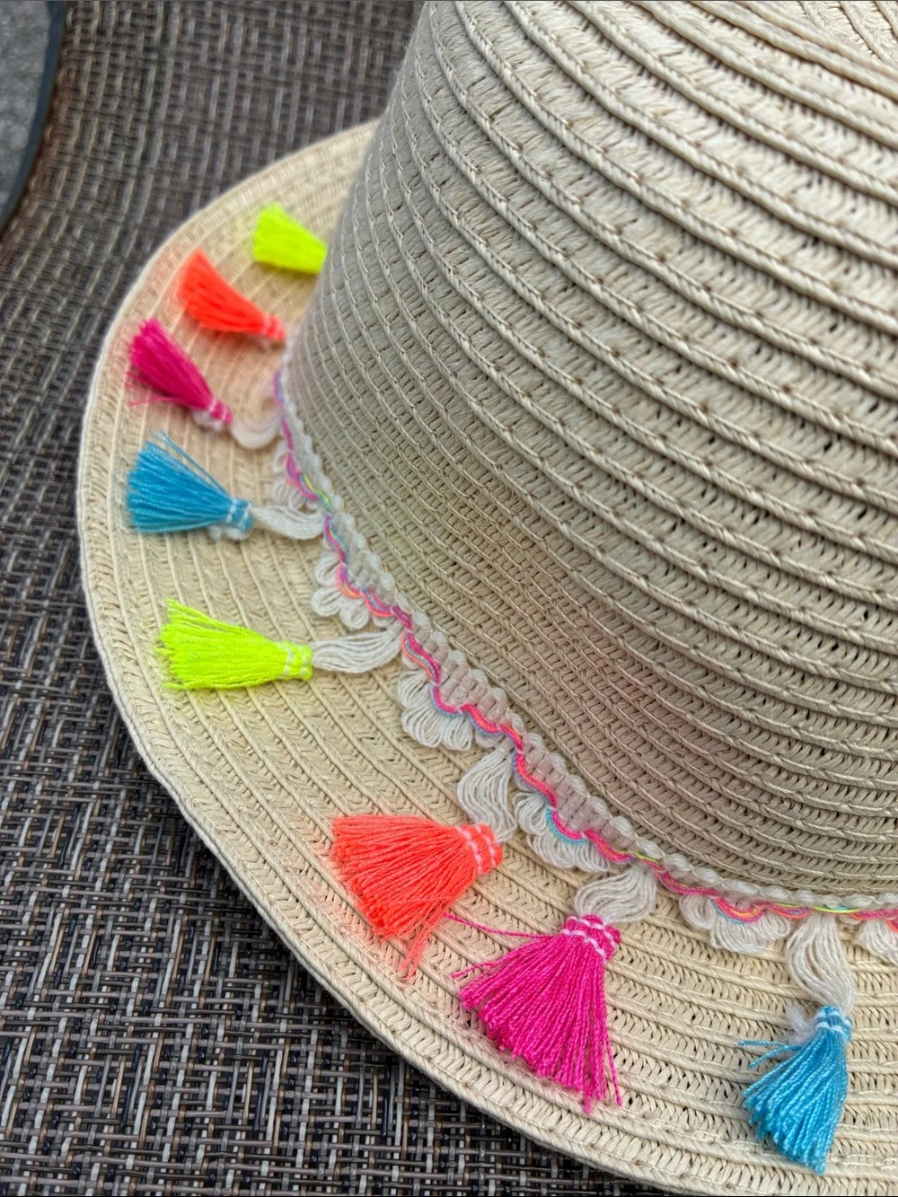 Justice Girls Beige Straw Hat with Neon Tassels